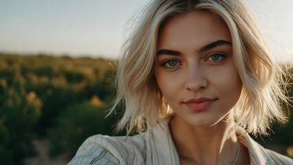 Naklejka premium Portrait of Young Woman with Blonde Hair and Green Eyes Outdoors