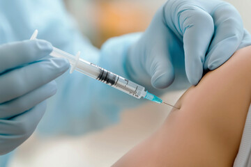 Close-up of a medical worker injecting a syringe into a person's skin. Vaccination. flu prevention.