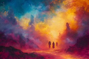 Three figures walk towards a glowing sky.