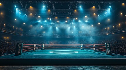 An empty boxing ring with atmospheric lighting in a crowded arena, suitable for sports event promotions or competitive articles,