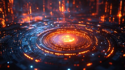 A vibrant holographic interface showcases a concentric design, with glowing elements illuminating the virtual space for data exploration.