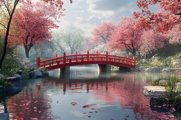 A tranquil Japanese garden with a red wooden bridge over a koi pond, surrounded by cherry blossom trees