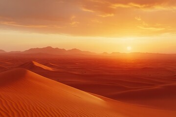 A vast desert landscape at dusk, with towering sand dunes and a deep orange sky