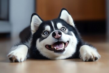 Fototapeta premium Funny Siberian Husky caught mid-roll, depicted in an artwork where the dogâ€™s legs are in the air, fur ruffled, and a big goofy smile on its face