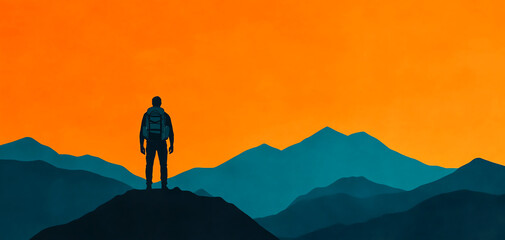 A lone figure stands on a mountain peak, silhouetted against a vibrant orange sunset, evoking a sense of adventure and solitude.