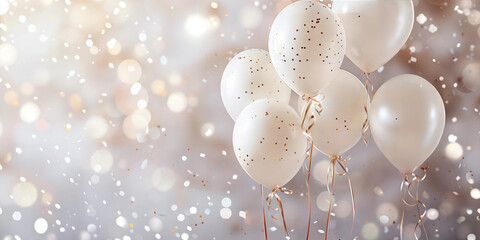 Festive white balloons. Weddings, anniversaries, birthdays, graduation, corporate events. The concept of an exquisite and magical holiday. Copy space. Card, invitation, banner, flyer, background.