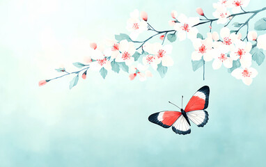 Colorful butterfly among delicate cherry blossoms on a soft, pastel background.