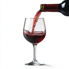 Wine pouring from bottle into glass, splashing droplets, elegant motion, isolated on white background