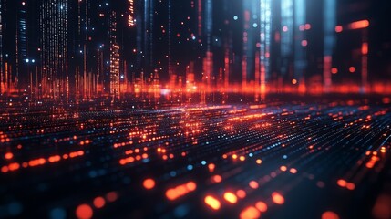 A dynamic holographic interface displays vivid forecasts through abstract patterns and light in a virtual setting, showcasing advanced technology.