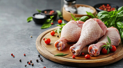 Raw Uncooked Chicken Legs Drumsticks On Wooden Board 