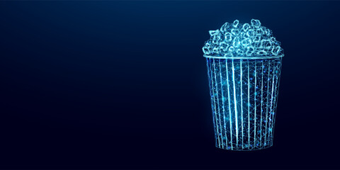 Pop corn wireframe. Movie night poster template with glowing low poly tasty snack. Futuristic modern abstract. Isolated on dark background. Vector illustration.
