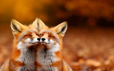 Obraz premium Two adorable foxes share a moment of affection in a beautiful autumn setting, showcasing their playful and loving nature.