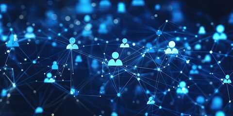 Fototapeta premium A blue digital network with icons of people and business figures, representing the interconnectedness in social media marketing Generative AI