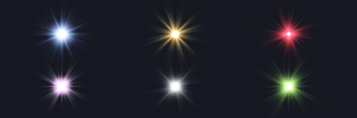 Different colors sunlight lens flare, sun flash with rays and spotlight. Glowing burst explosion on a transparent background.  
Vector illustration.