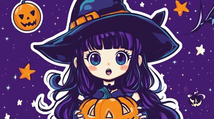 Festive sticker of a monster girl wearing a witch's hat and holding a pumpkin lantern.