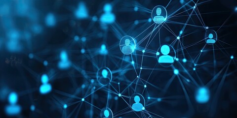 Obraz premium Abstract digital network with icons of people, business, and social media in blue color on a dark background Concept for customer relationship management or marketing technology Generative AI