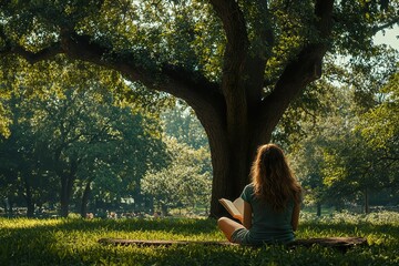 A young woman reading a book in a quiet park, sitting on a bench under a large oak tree