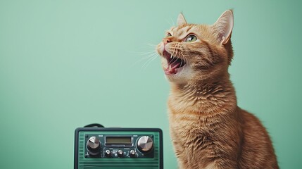 An orange tabby cat listens intently to a vintage radio on a green background.