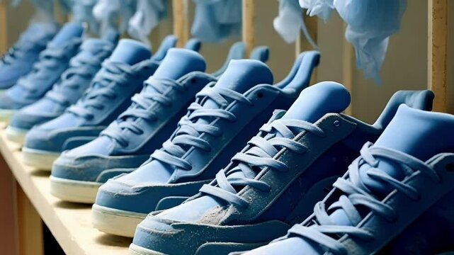 Many brand new blue sneakers are drying after being dyed, they are all lined up on a wooden shelf and covered in blue dust
