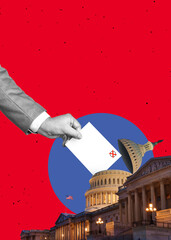 Human hand putting a red ballot paper into the ballot Washington DC box. Political election in USA,...
