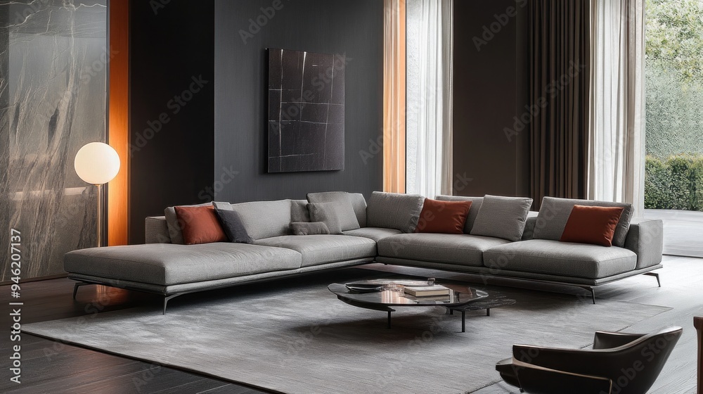 Wall mural Modern Living Room with Grey Sectional Sofa and Abstract Artwork