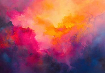 Abstract painting with a focus on red, yellow, and pink colors.