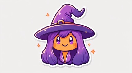 Simple sticker of a monster girl with a witch's hat, casting a cute spell with sparkling effects.