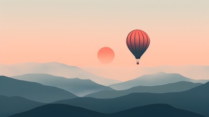 Fototapeta premium Hot Air Balloon floating. Mountains in background minimalistic 
