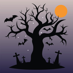 Halloween tree in graveyard with bat illustration