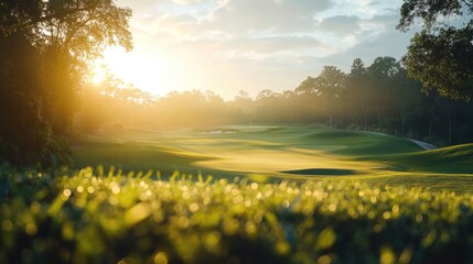 A golf course framed in a modern style, with a blurred sunrise background, capturing the early morning serenity