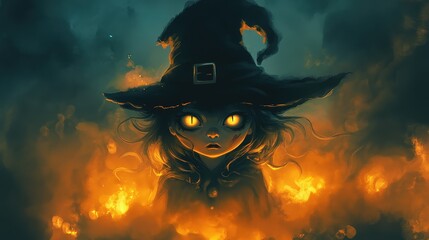 Spooky sticker of a monster girl in a witch costume, surrounded by eerie Halloween fog.