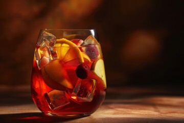 A refreshing glass of sangria with fruit slices and ice cubes 