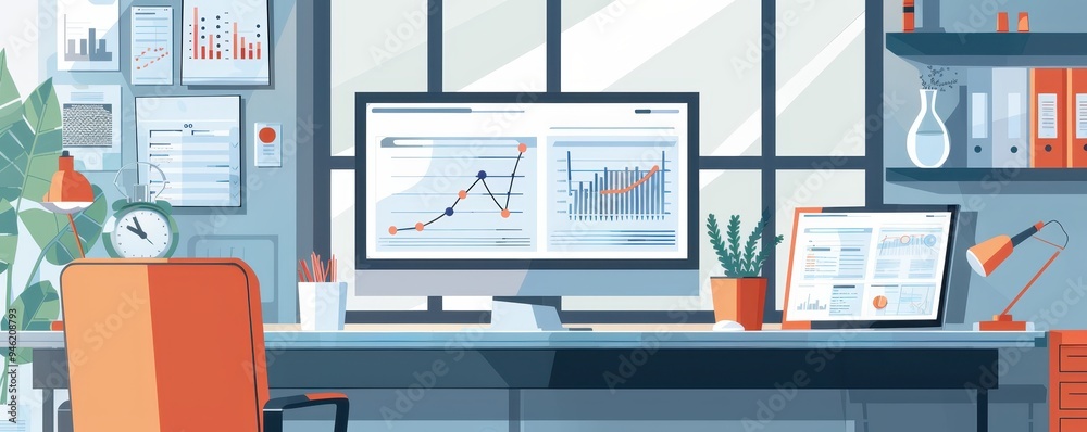 Poster modern office workspace with computer monitors displaying financial and data analysis charts, surrou