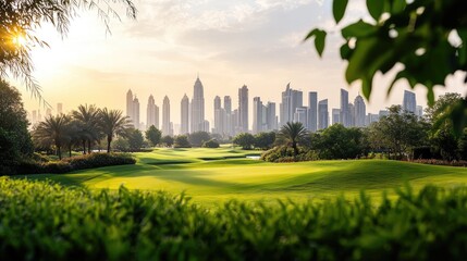 Obraz premium A golf course framed with a blurred skyline in the background, showing the contrast between nature and city