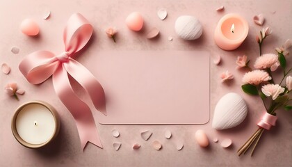 Hope and Strength Symbols - A top view mockup with a pink ribbon placed with pink card and candle. Breast Cancer Awareness Month Poster. Graphic art illustration