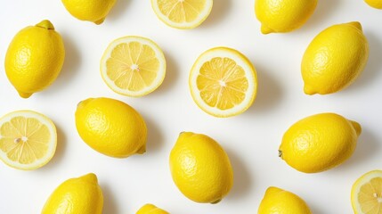 Fresh lemons and lemon slices on a white background.