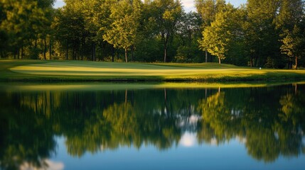 A golf course with a crystal-clear pond, blurred trees in the background, reflecting the calm and peaceful surroundings