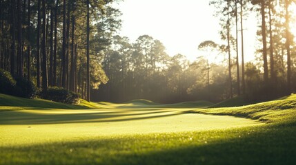 A golf course with a gently sloping fairway, blurred forest in the background, inviting players to take on the challenge
