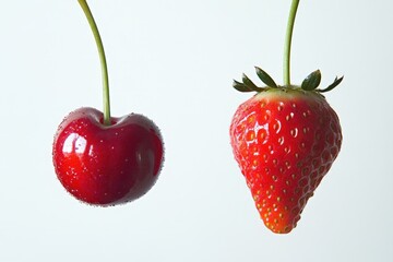 A cherry and a strawberry, both fruits of the Rosaceae family.