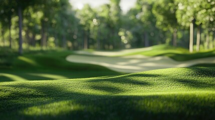 A golf course with a gently sloping fairway, blurred forest in the background, inviting players to take on the challenge