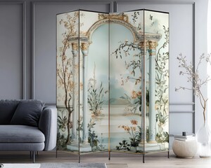 Elegant room divider featuring artistic design with floral and arch motifs, enhancing modern interior aesthetics.
