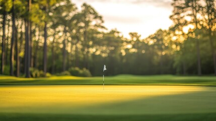 Obraz premium A golf course with a meticulously maintained green, blurred trees in the background, and a flagstick standing tall