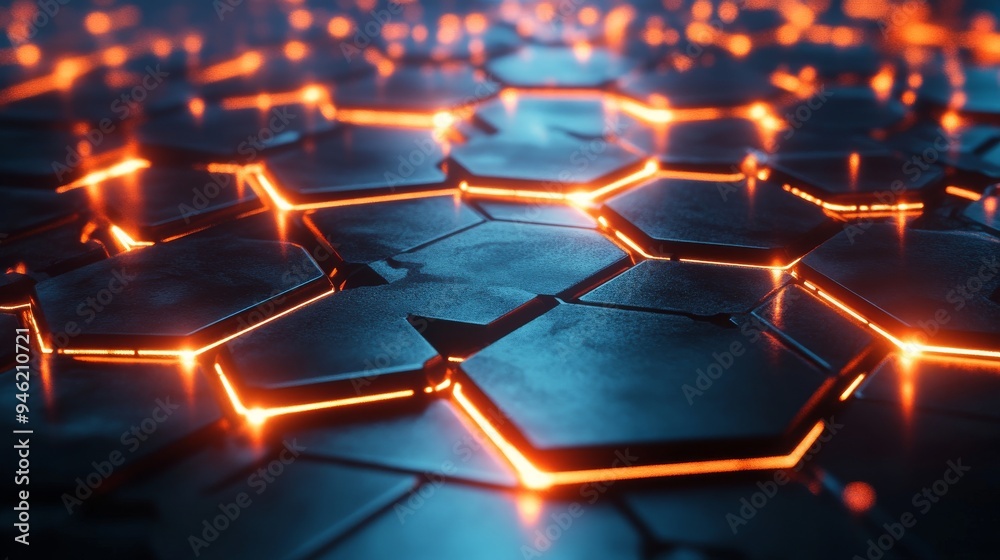 Poster Futuristic hexagon surface glowing orange and blue with depth of field