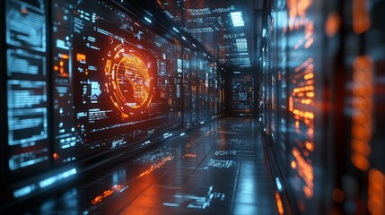 A holographic interface fills a data center hallway, displaying access controls and information in a vibrant, illuminated format.