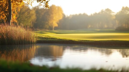 Fototapeta premium A golf course with a picturesque pond, blurred reeds in the background, creating a peaceful and reflective scene