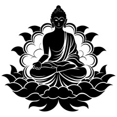 Buddha sits on a lotus and graces the clouds vector illustration on white background