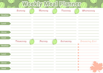 Weekly meal plan template with a pattern of berries and gooseberry leaves and space for menu and shopping list on an A4 page. Horizontal layout