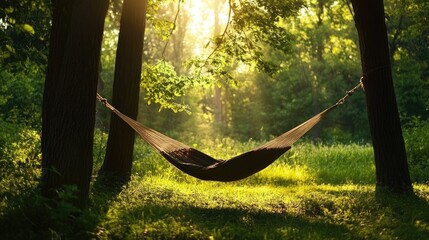 A hammock draped between two trees in a sun-dappled forest clearing, creating a perfect spot for relaxation