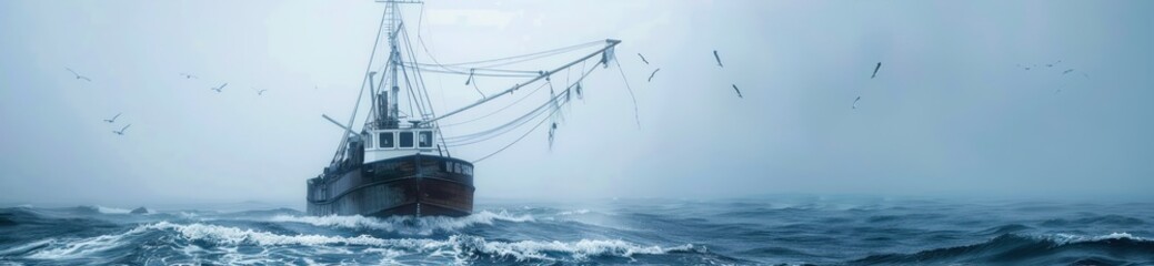 Obraz premium Fishing Boat Navigating Rough Seas in a Misty Morning