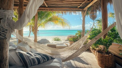 Obraz premium A hammock in a beachfront cabana with a gentle ocean breeze and tropical decor, perfect for a luxurious getaway